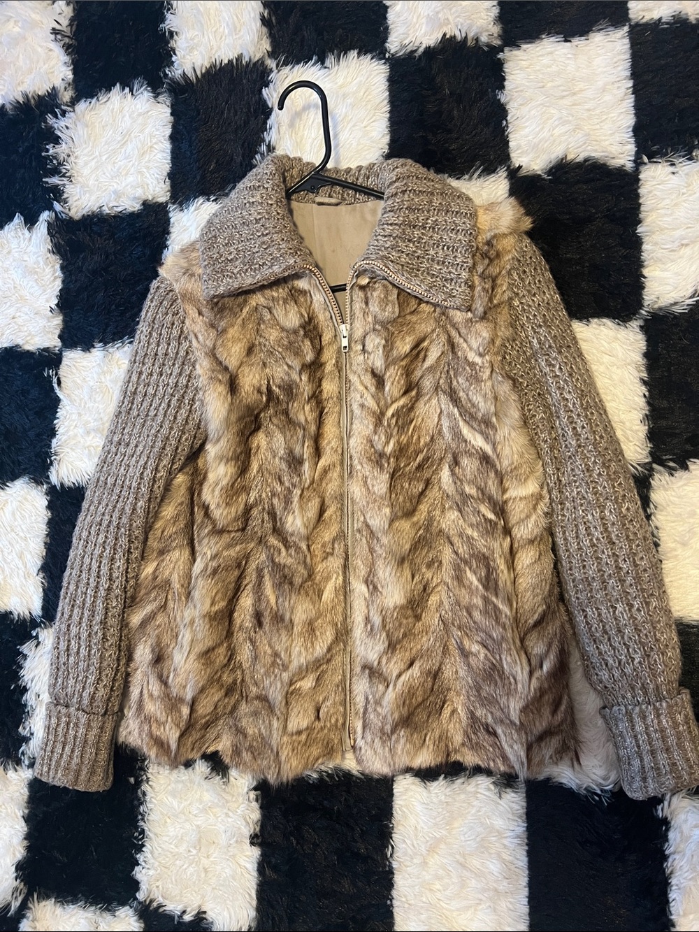 Vintage Real Rabbit Fur & Knit Sleeve Zip-Up Sweater Jacket in Brown